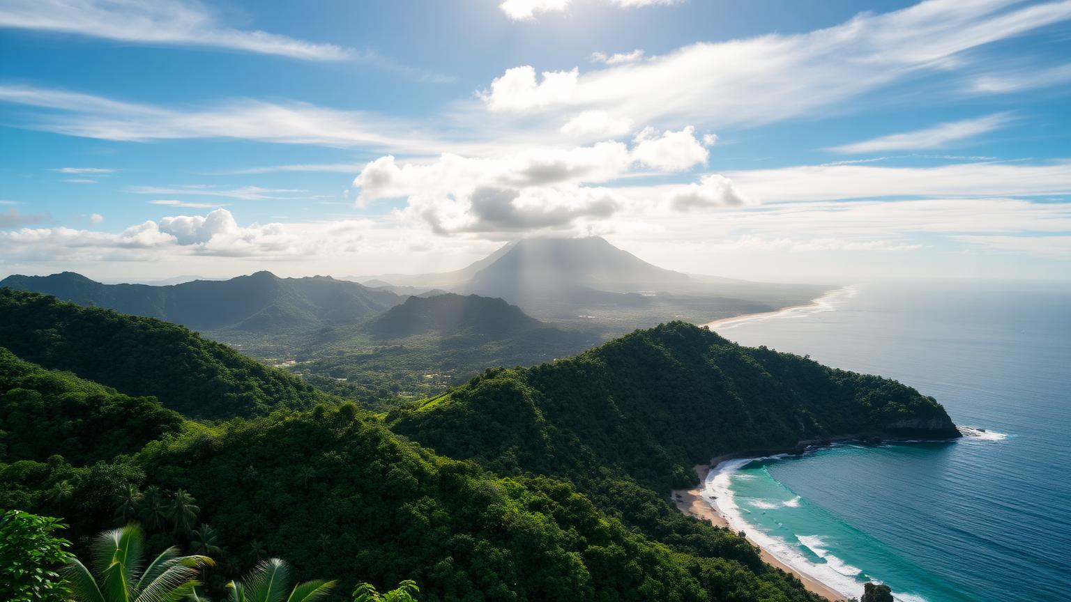 Grüne Regenwaldhügel in Costa Rica mit Vulkan und Pazifikküste