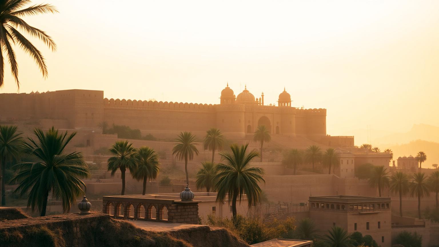 Historische Festungsanlage in Indien im goldenen Abendlicht mit Palmen