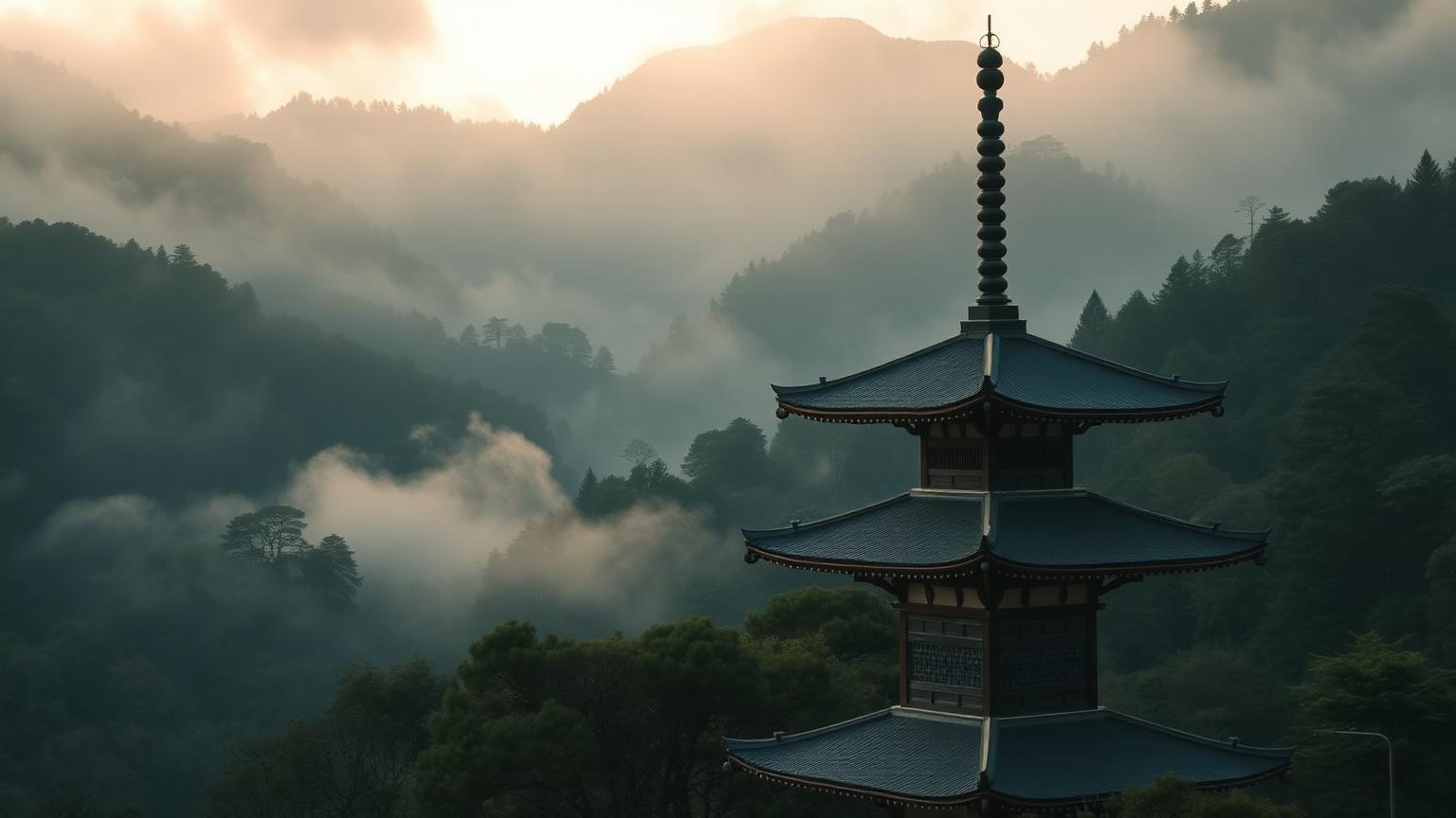 Bewaldete Berglandschaft in Japan mit einer traditionellen Pagode im Morgenlicht