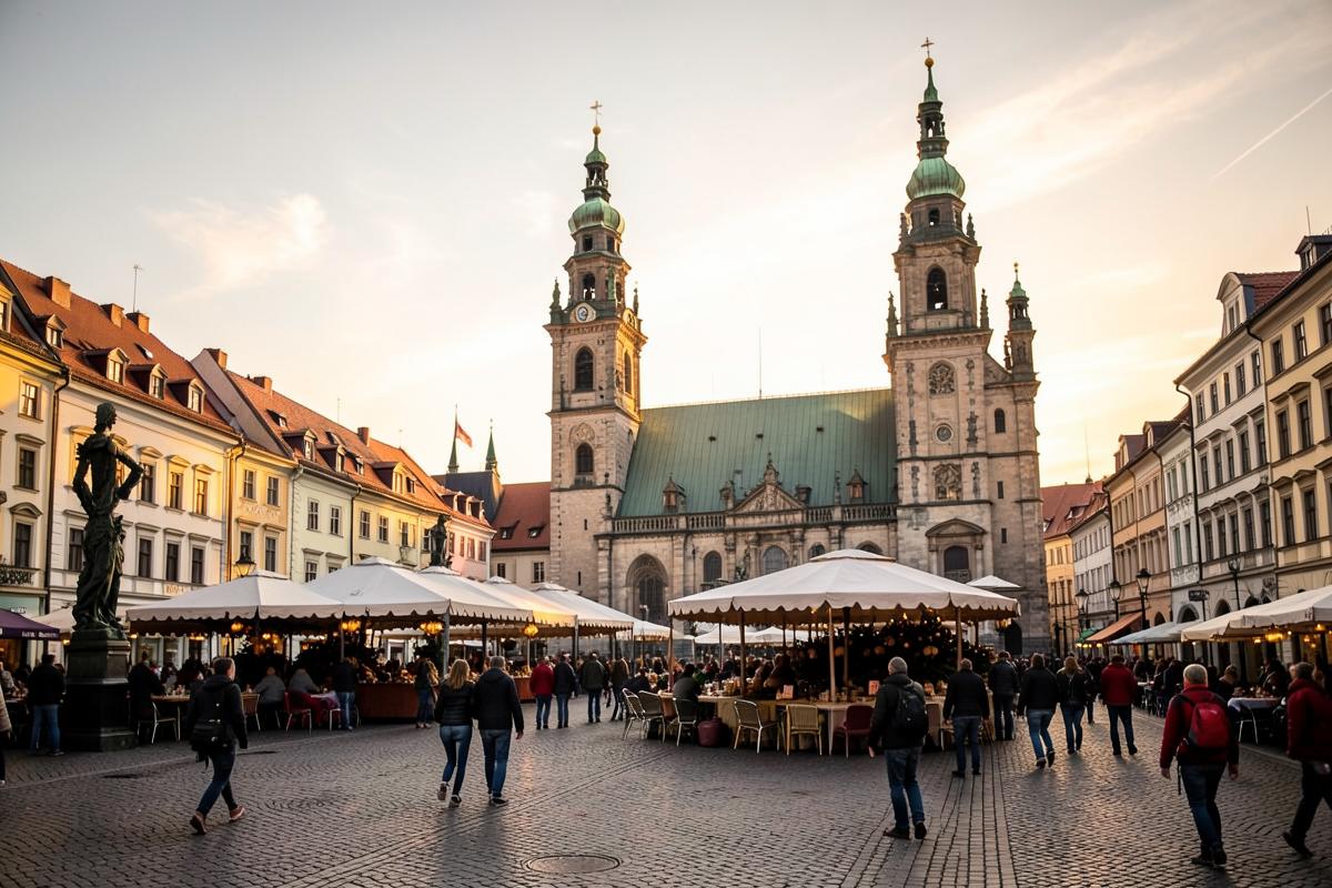 Großer Marktplatz mit Tuchhallen und Kirchtürmen in Krakau im Abendlicht