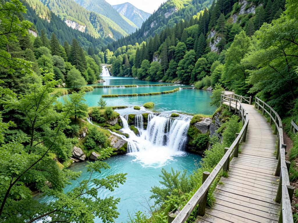 Türkisfarbene Seen mit Wasserfällen und Holzstegen im Wald
