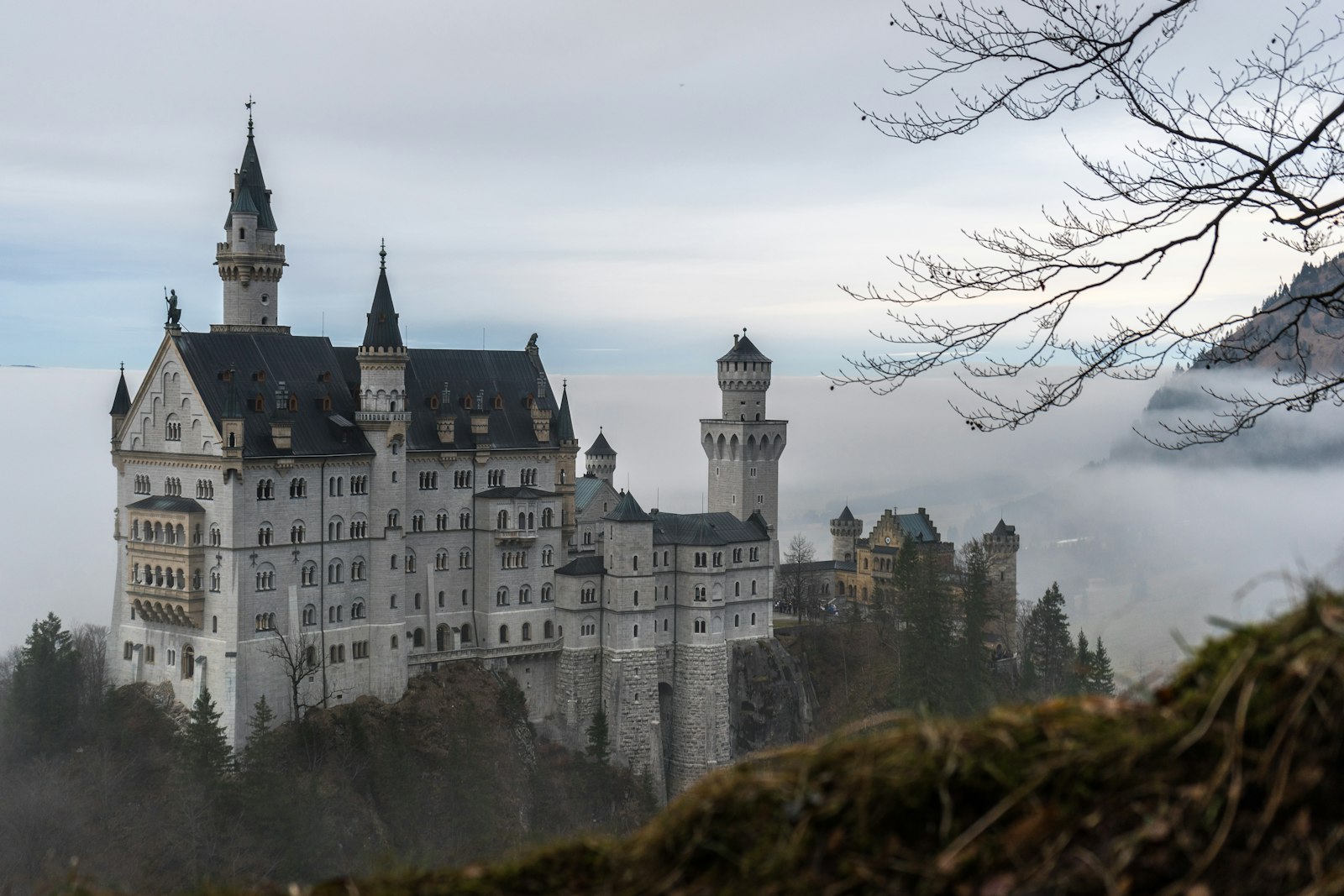Schloss Neuschwanstein vor bewaldeten Bergen