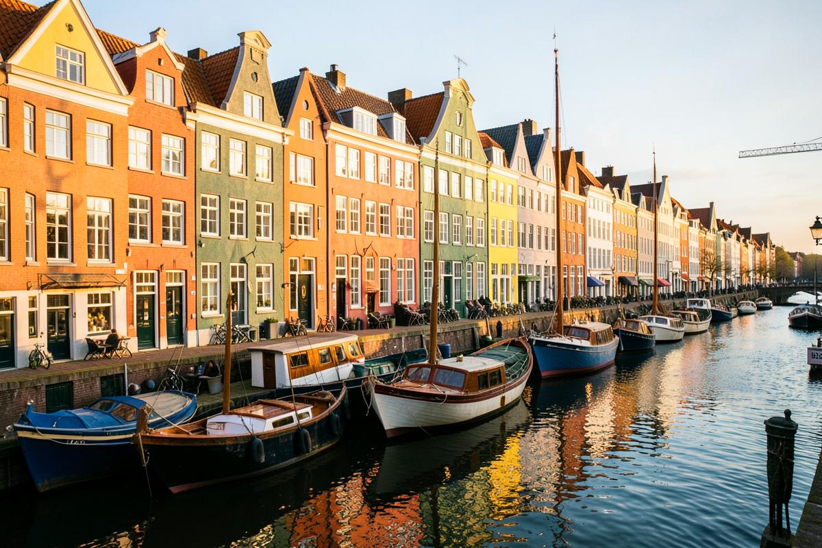 Bunte Giebelhäuser und Holzboote am Kanal von Kopenhagen im Abendlicht