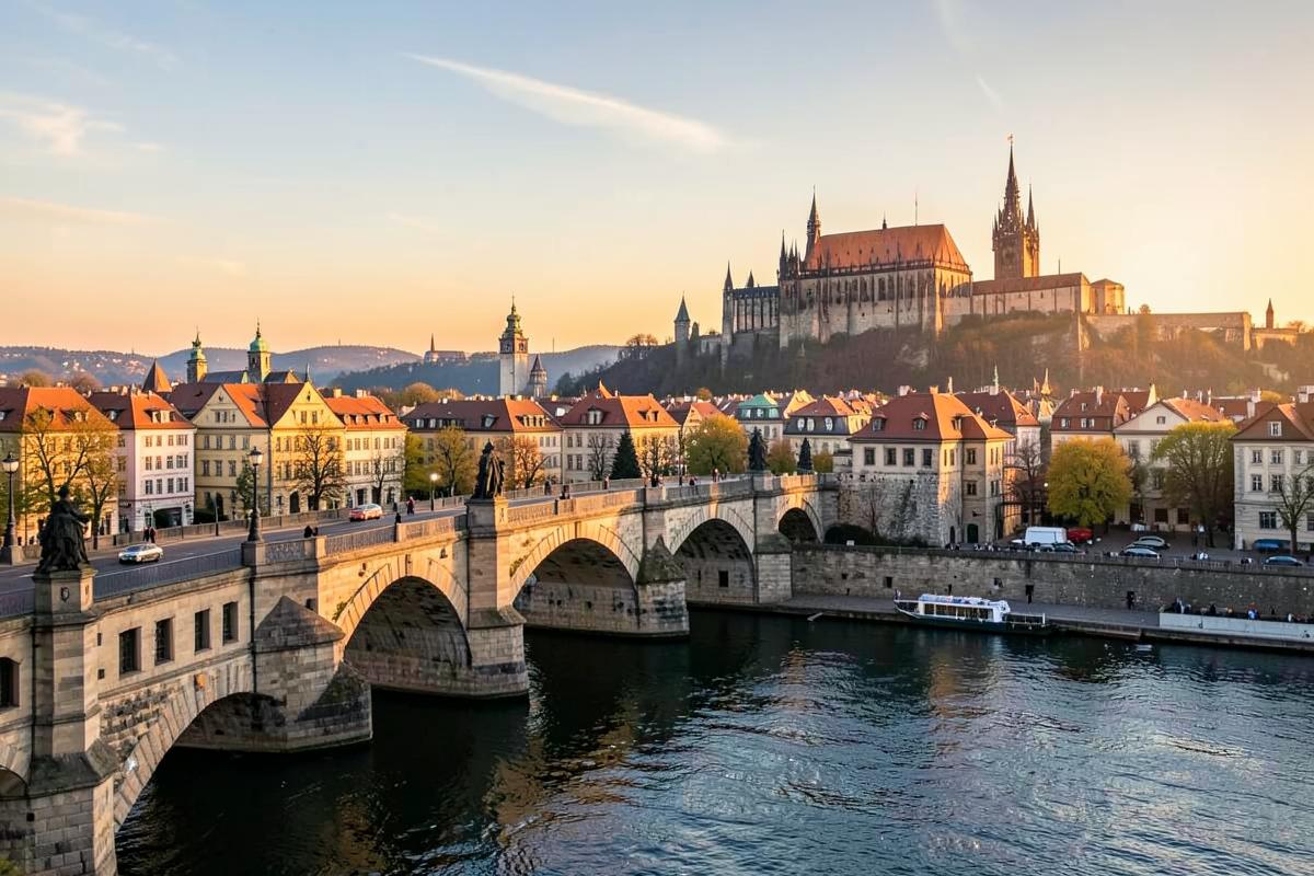 Panorama der Prager Burg über der Karlsbrücke bei Sonnenuntergang