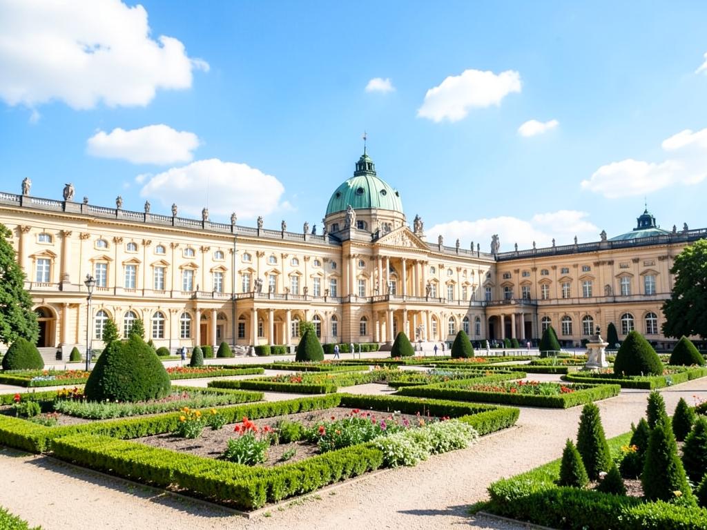 Barocke Schlossanlage mit Gartenparterre unter blauem Himmel