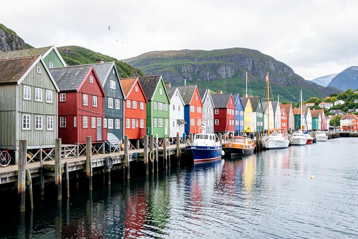 Bunte Holzhäuser an einem norwegischen Hafen vor Bergkulisse
