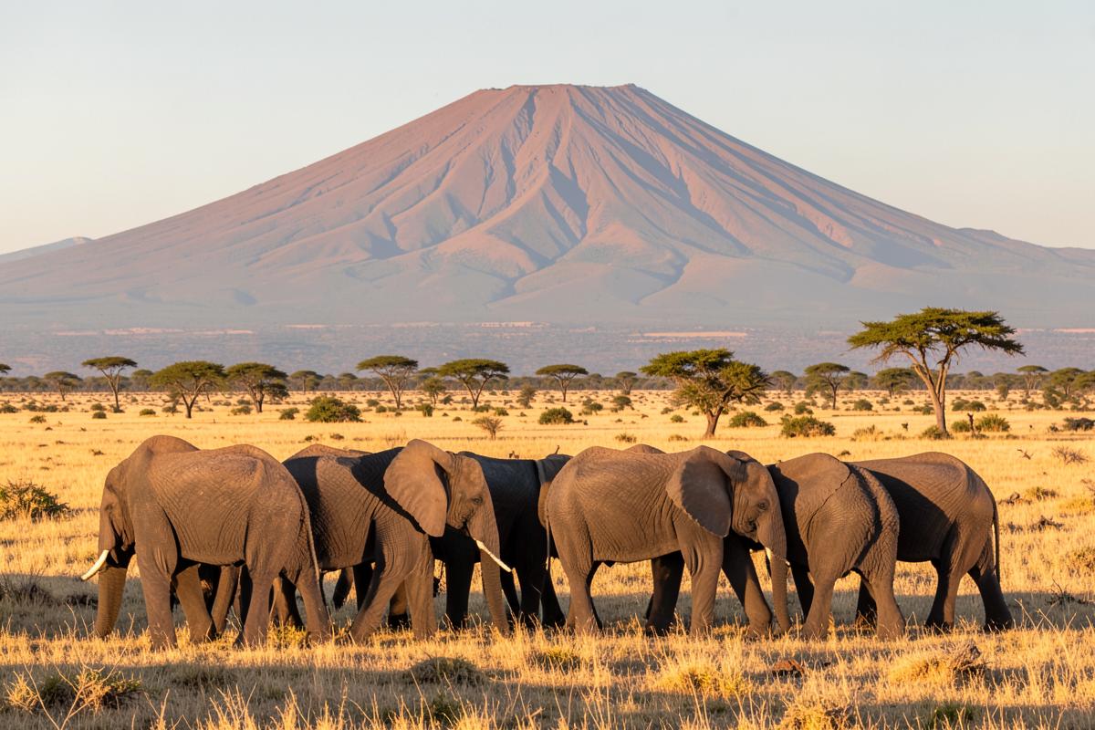 Elefantenherde in der Savanne von Amboseli mit Kilimanjaro im Hintergrund