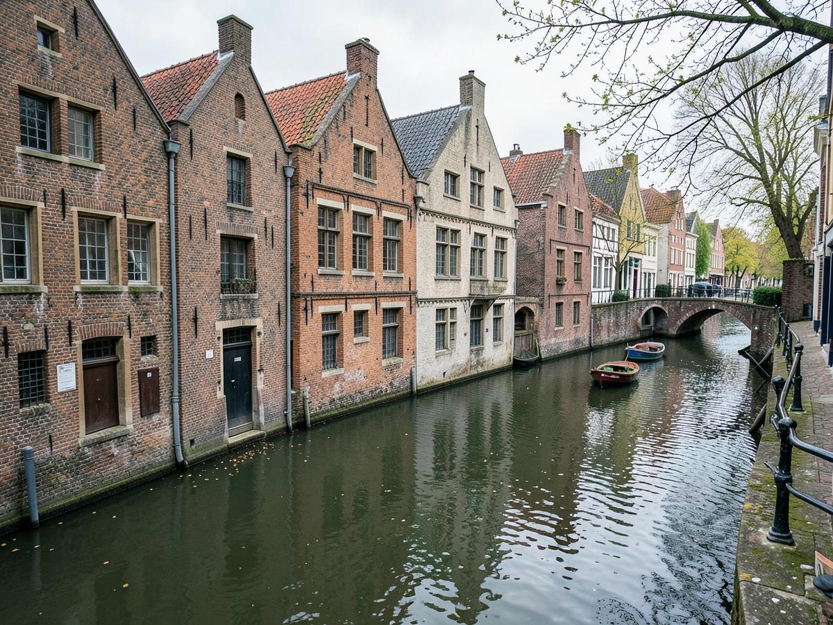 Kanal in Brügge mit Backsteinhäusern und kleinen Booten