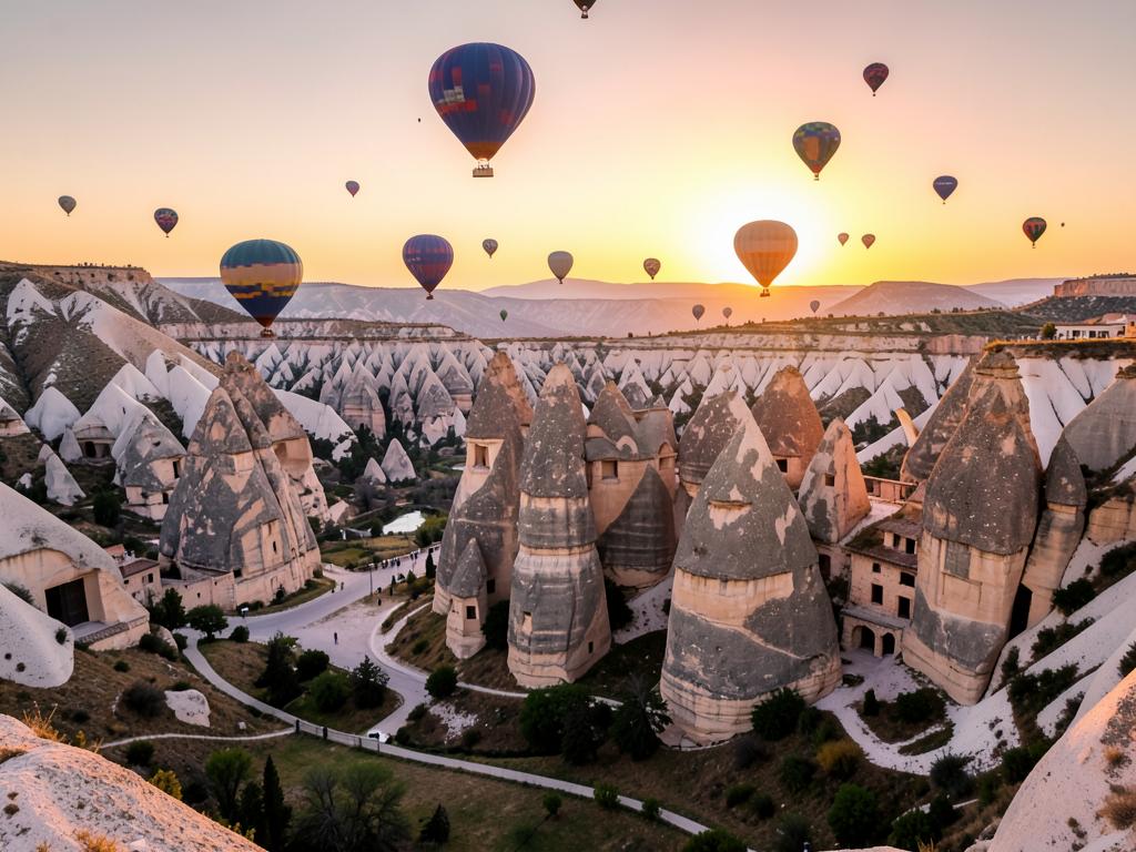 Heißluftballons über den Tuffkegeln Kappadokiens bei Sonnenaufgang