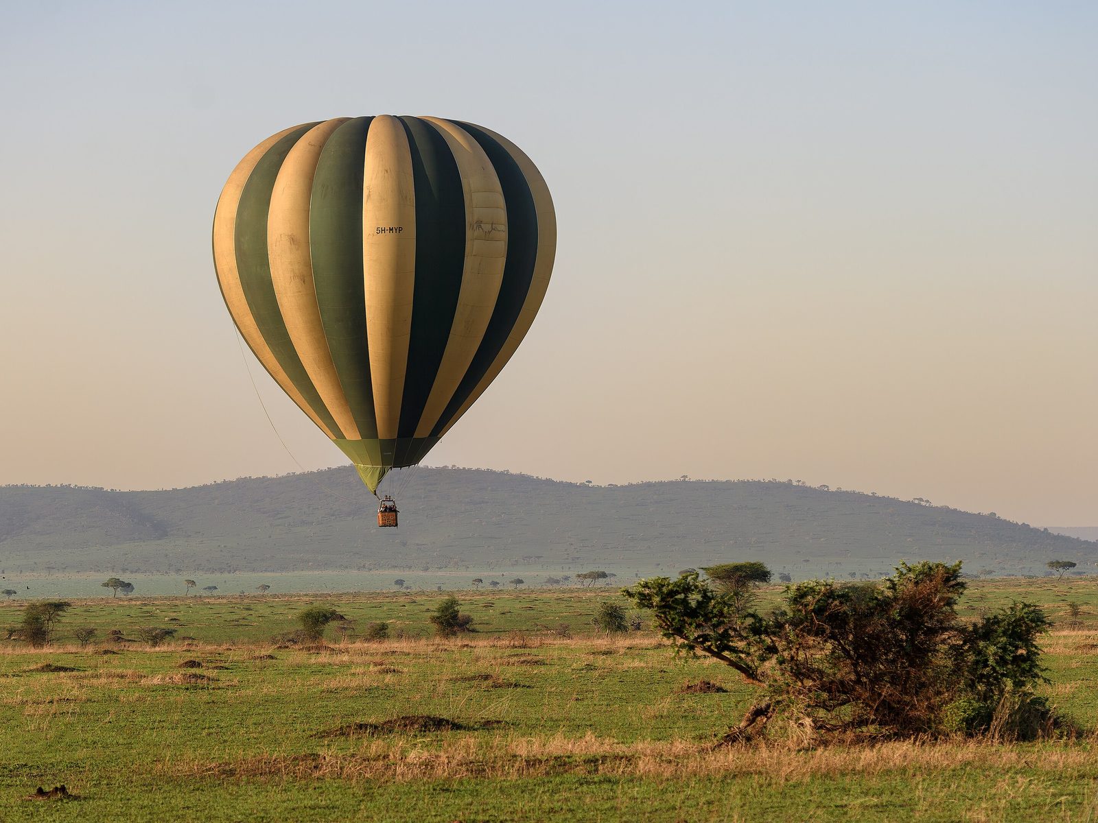 Heißluftballon über der weiten Savanne der Serengeti