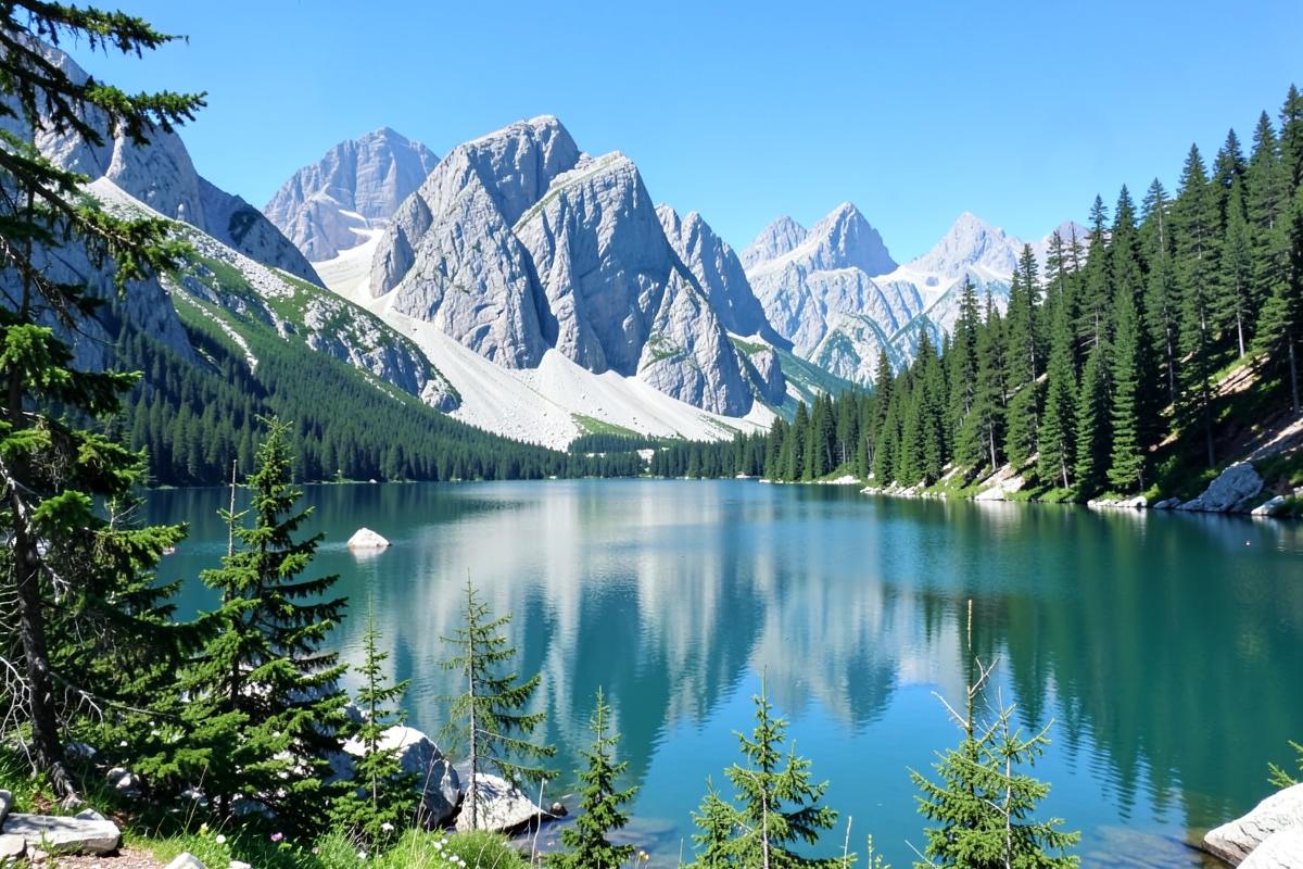 Bergsee mit felsigen Gipfeln und Nadelwald in der Tatra