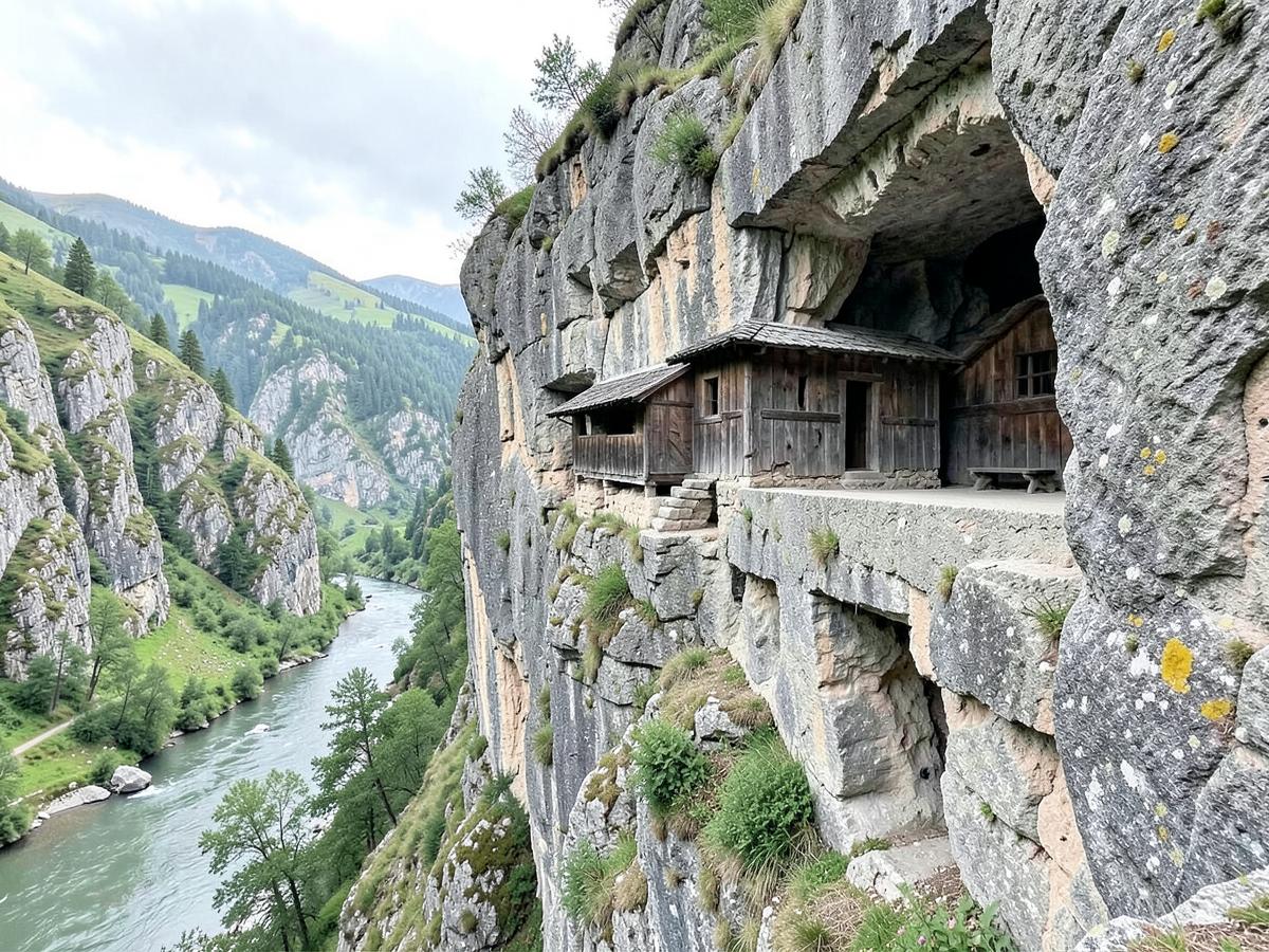In den Kalksteinfelsen gebautes Kloster über einem Flusstal