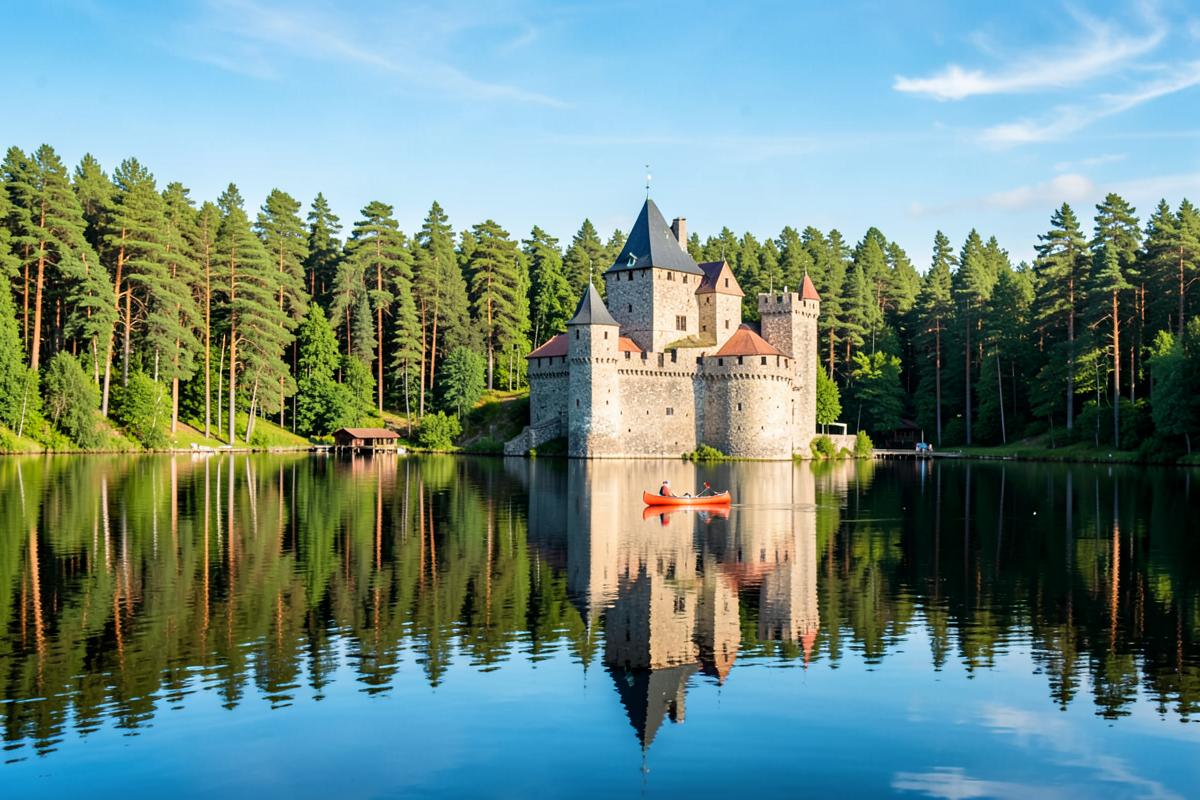 Ruhiger Waldsee mit Holzsteg in der finnischen Seenplatte bei Savonlinna