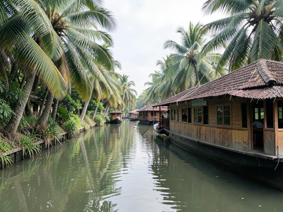 Palmengesäumter Kanal mit traditionellem Hausboot
