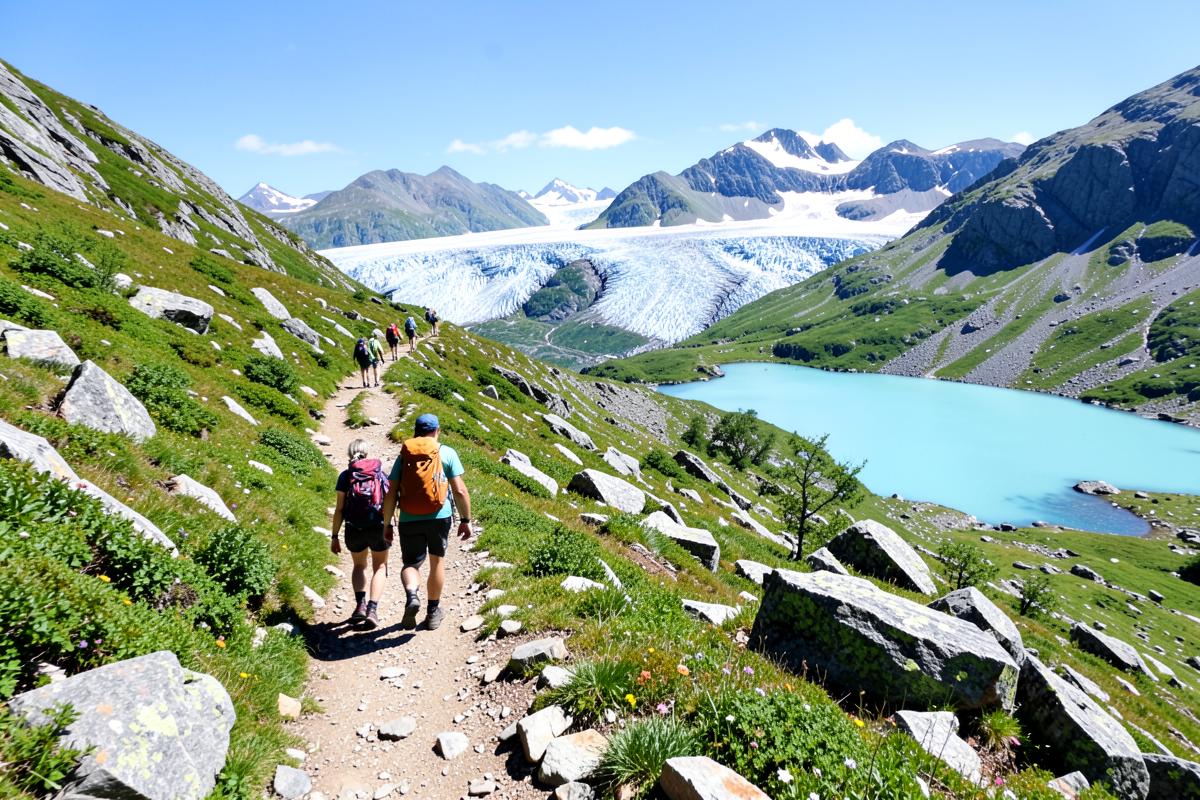 Wanderweg über Bergwiesen mit Gletscher und türkisfarbenem See