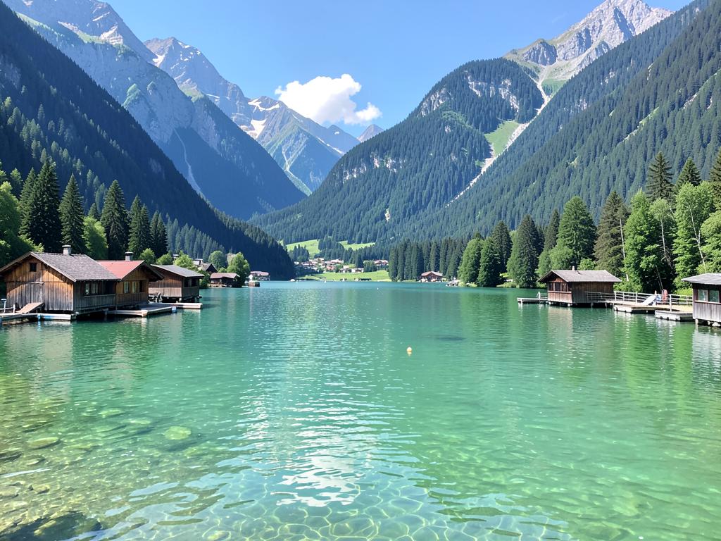 Klarer Bergsee mit Bootshäusern vor bewaldeten Alpen