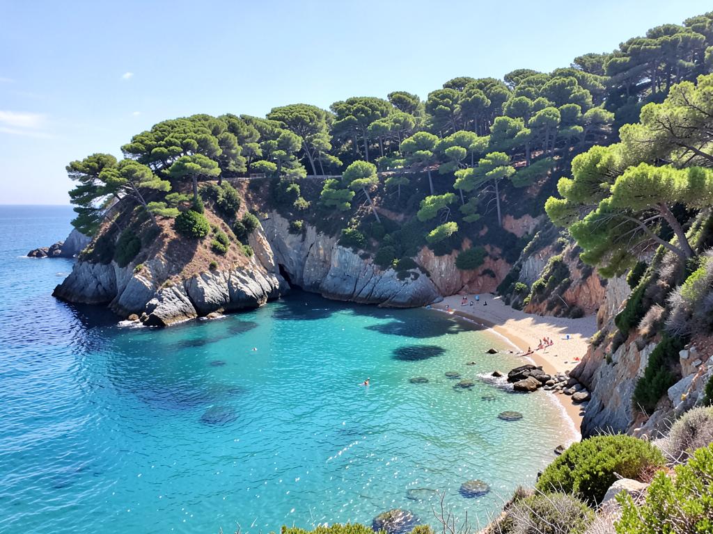 Türkisfarbene Bucht mit Pinienklippen und kleinem Sandstrand