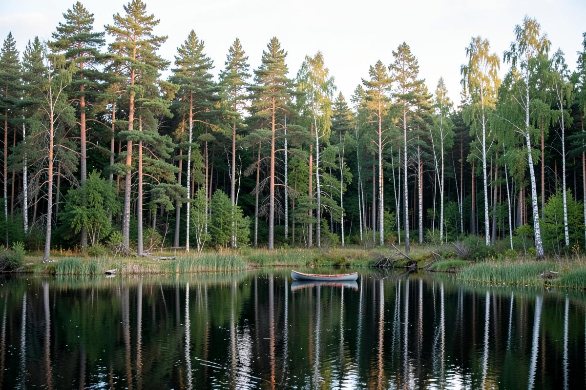 Falunroter Holzhof auf einer Wiese am Seeufer in Dalarna
