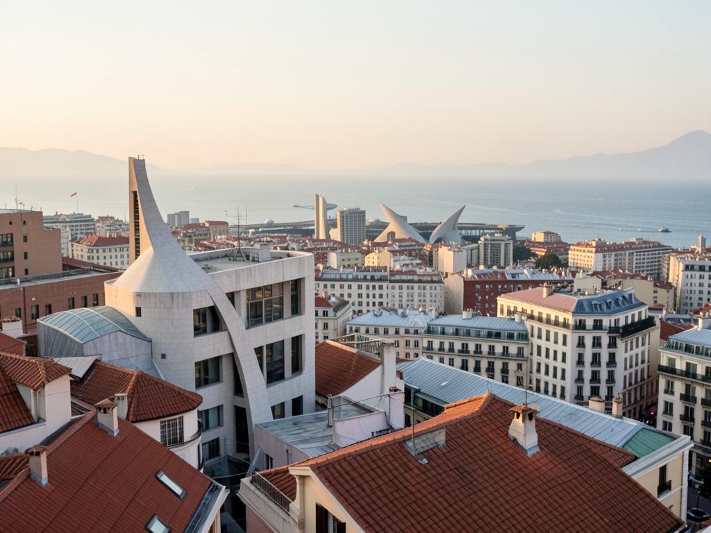 Dächer und Architektur von Barcelona mit Blick Richtung Meer