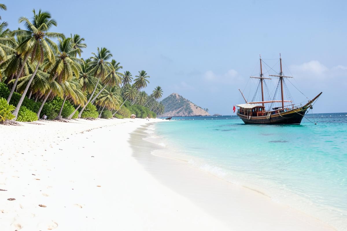 Türkisfarbenes Meer und weißer Sandstrand von Diani Beach mit Palmen