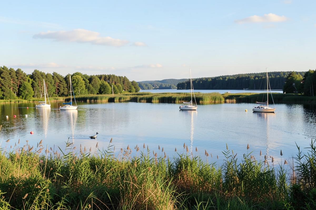 Ruhiger See mit Segelbooten und Schilfufer in Masuren