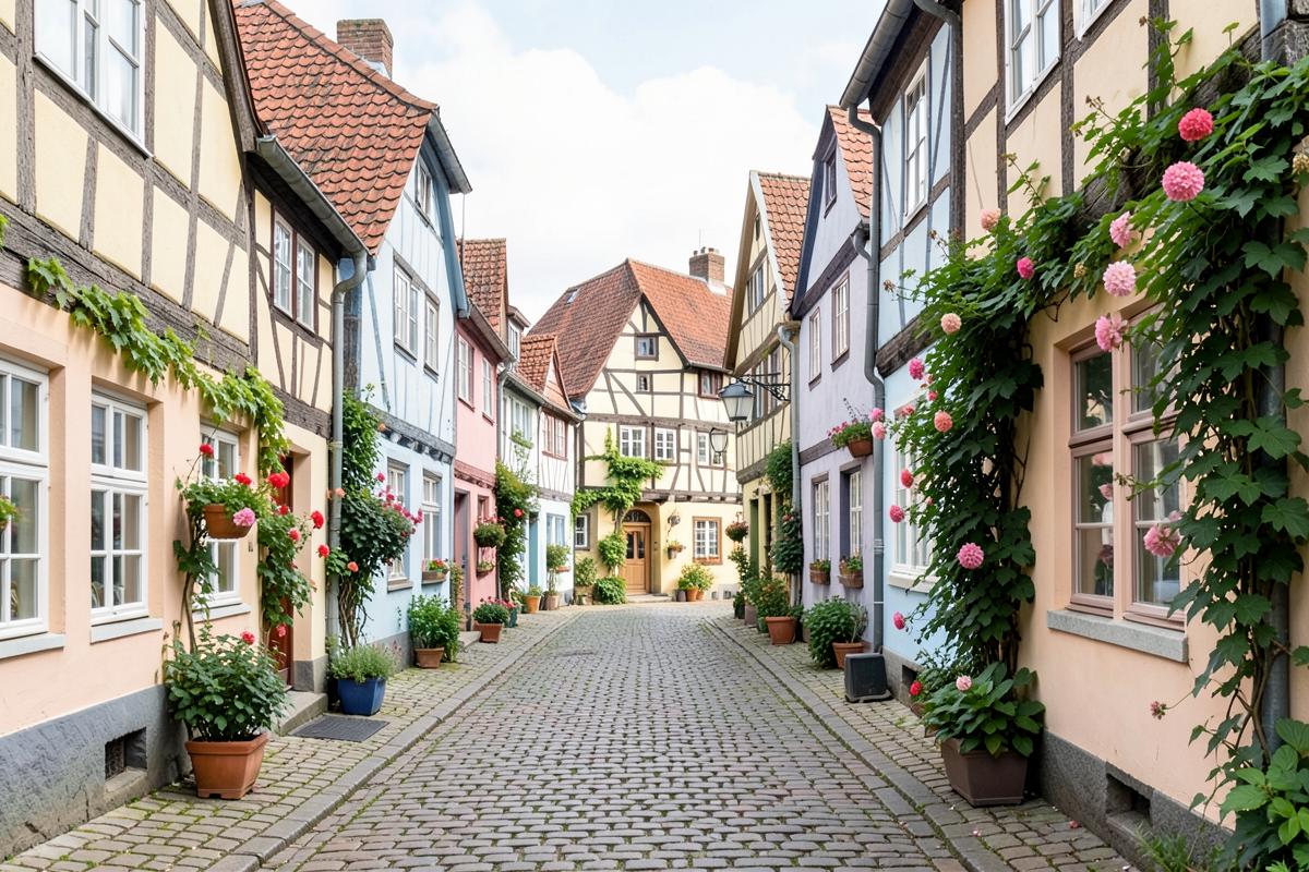 Kopfsteingasse mit pastellfarbenen Fachwerkhäusern und Blumen