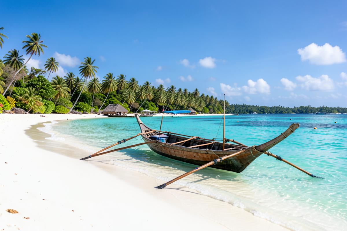 Palmenstrand mit türkisfarbenem Wasser auf Nosy Be