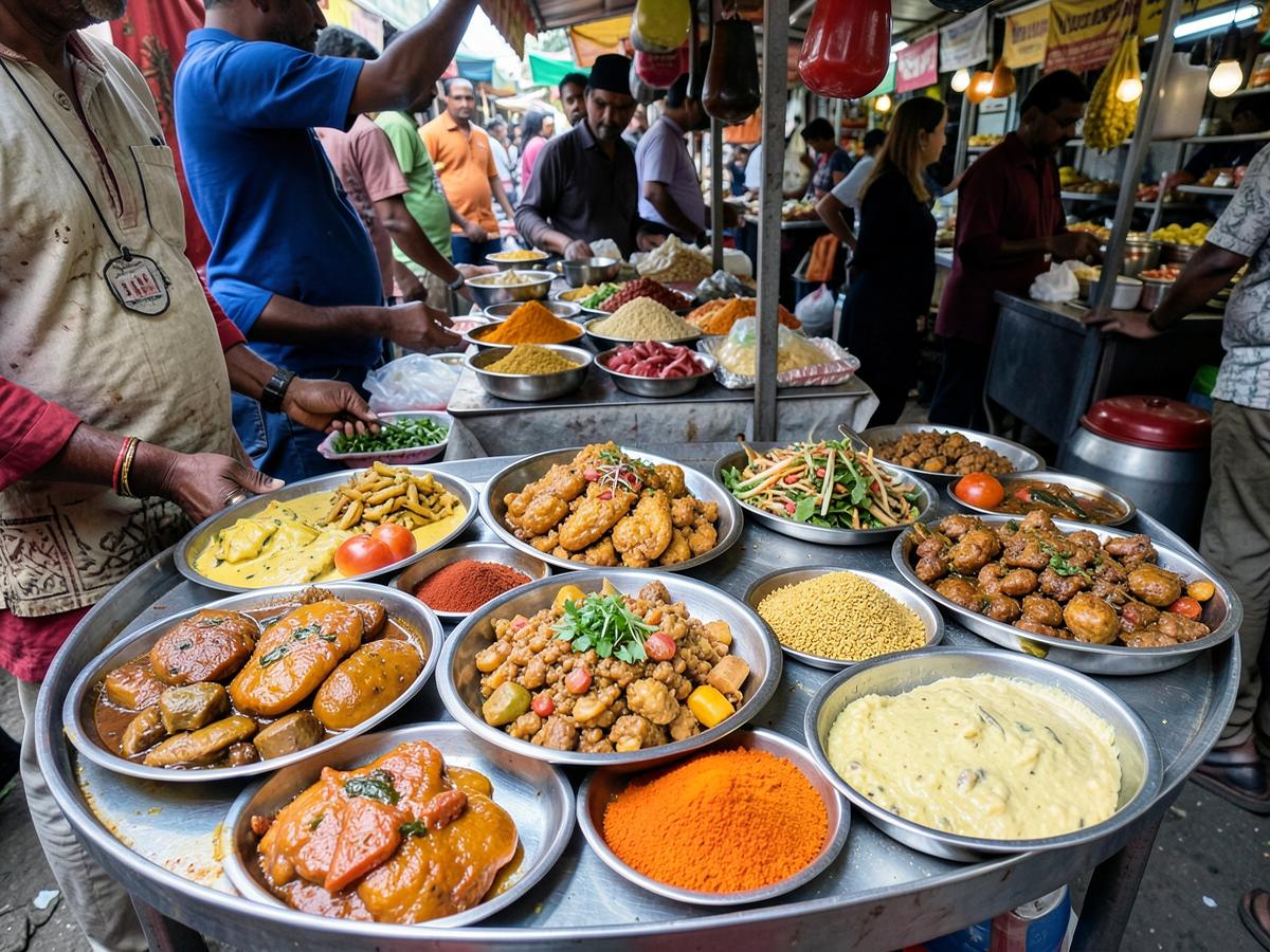 Bunte indische Gerichte und Gewürze an einem Marktstand