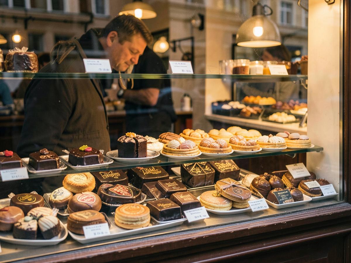 Auslage einer Konditorei mit Pralinen und Gebäck
