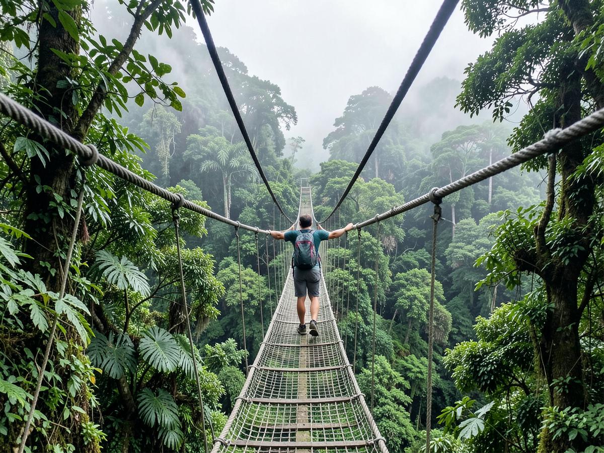 Hängebrücke durch den Nebelwald über den Baumkronen