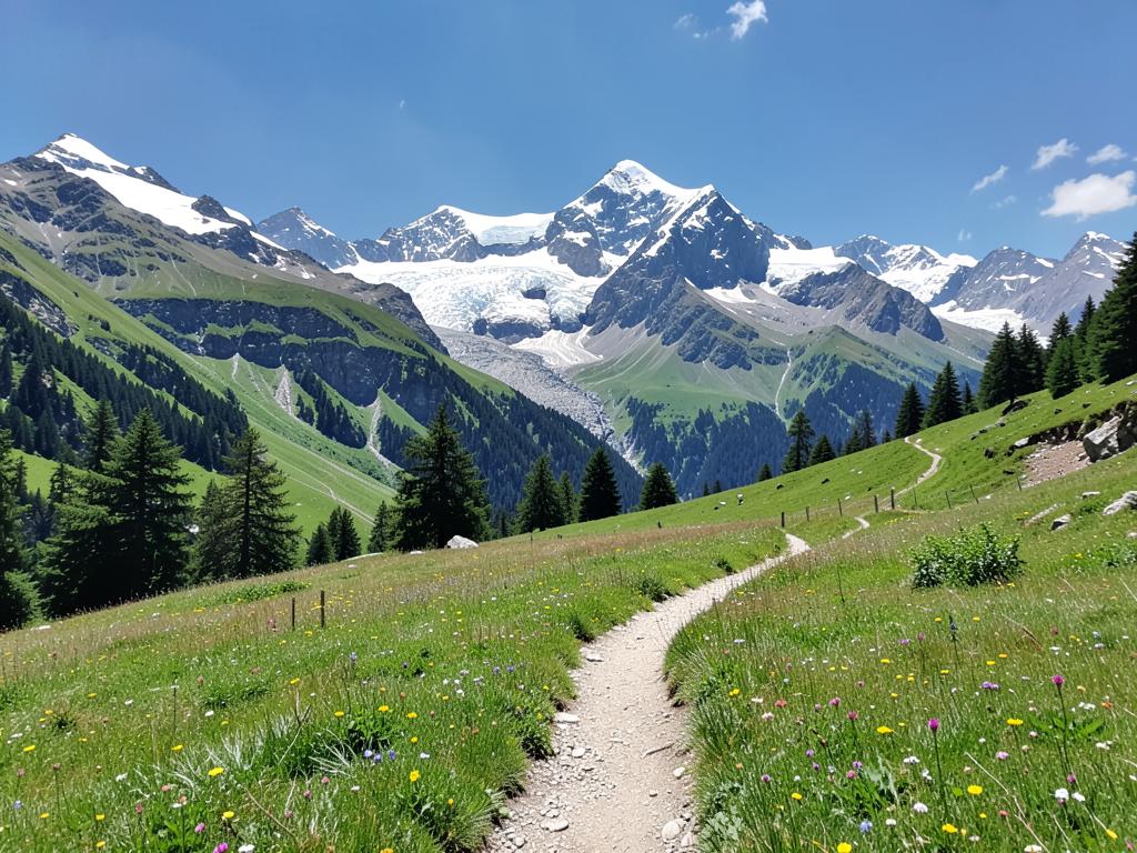Wanderweg über Almwiesen vor vergletscherten Gipfeln