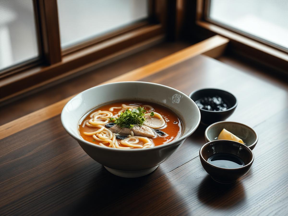 Nudelsuppe in einer Schale mit kleinen Beilagenschälchen auf einem Holztresen