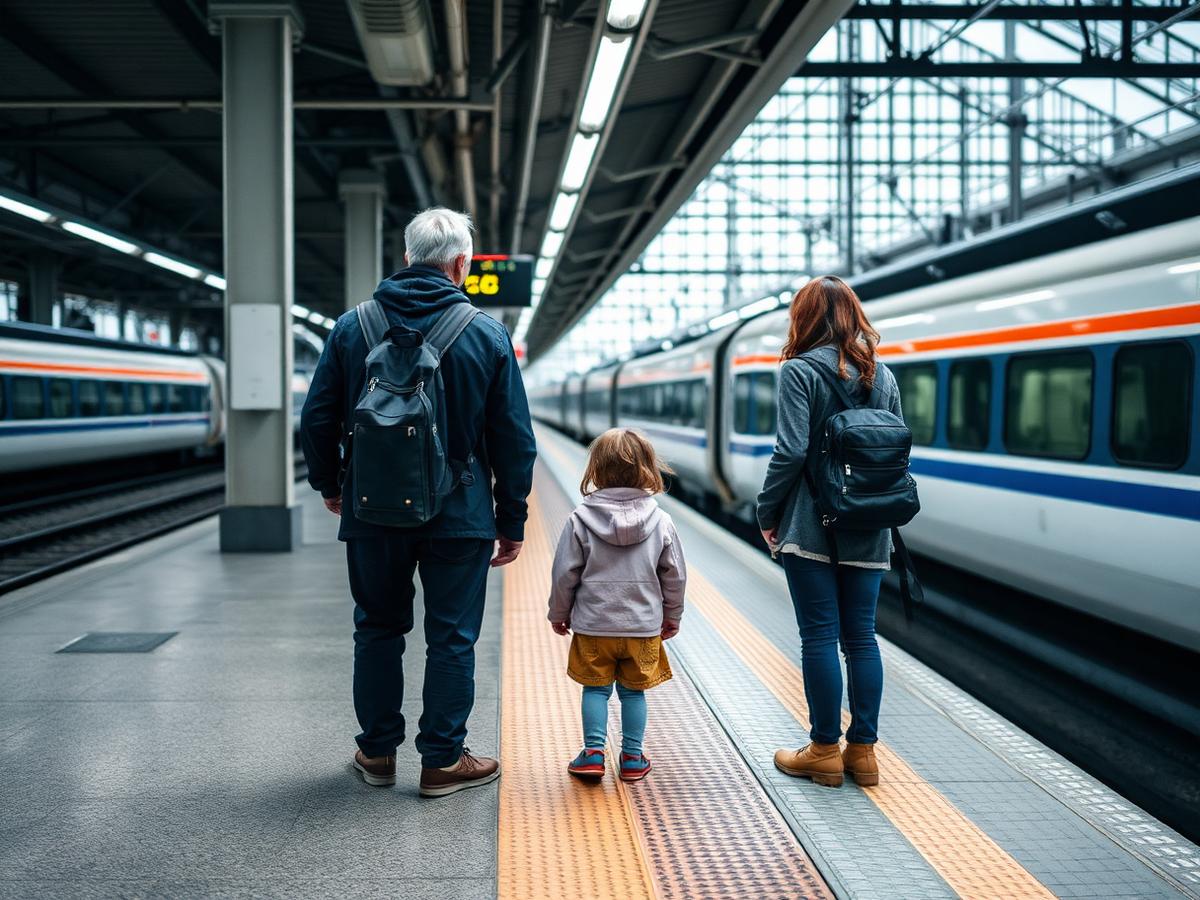 Familie mit Kind wartet auf einem sauberen Bahnsteig auf einen einfahrenden Schnellzug