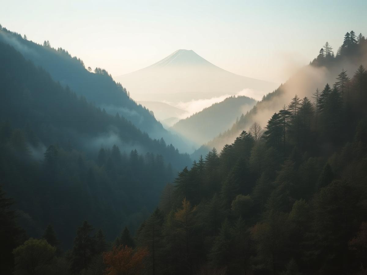 Bewaldete Bergtäler im Morgennebel mit einem hohen Vulkankegel im Hintergrund