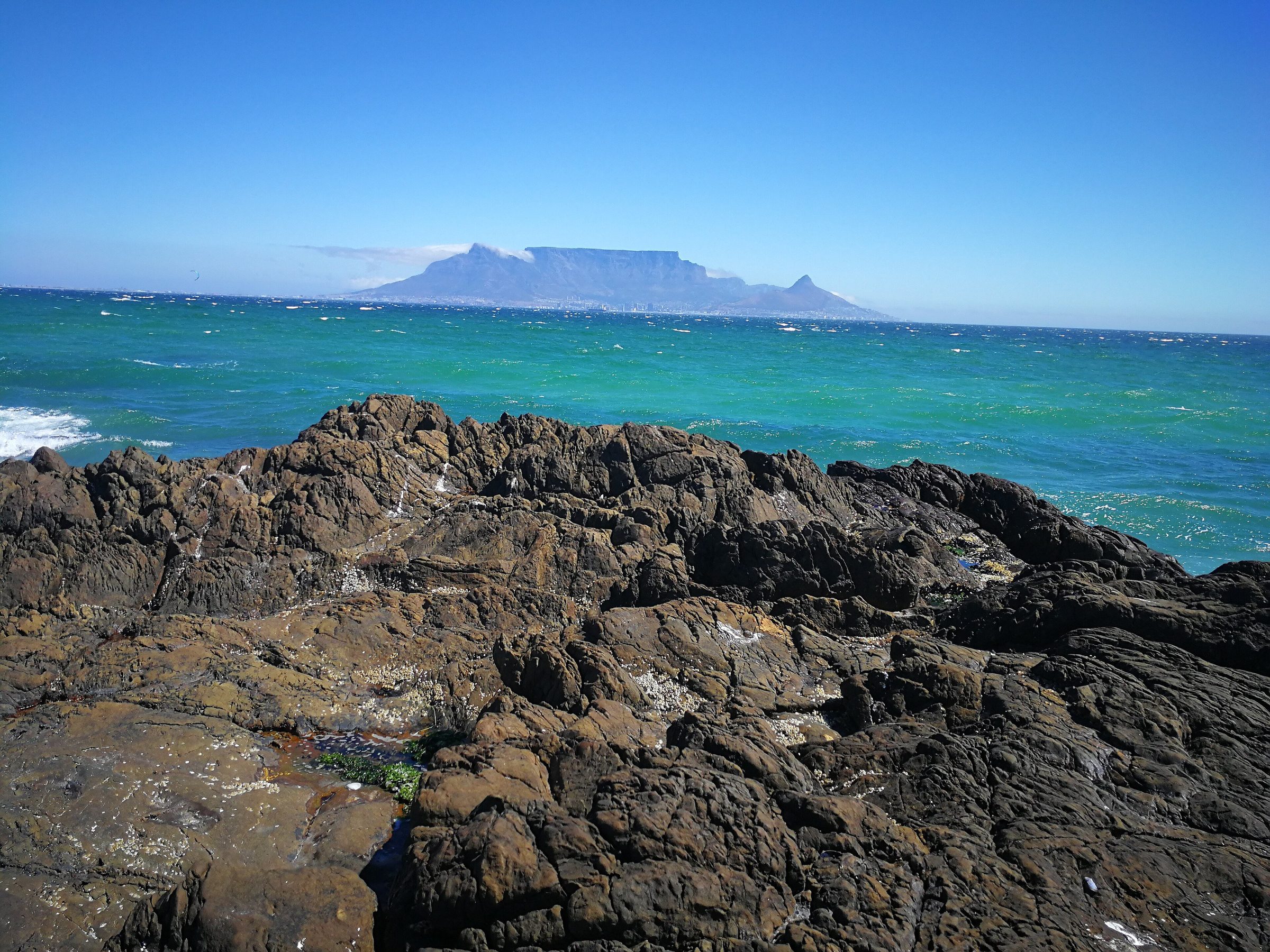 Tafelberg über der türkisfarbenen Tafelbucht bei Kapstadt, Südafrika