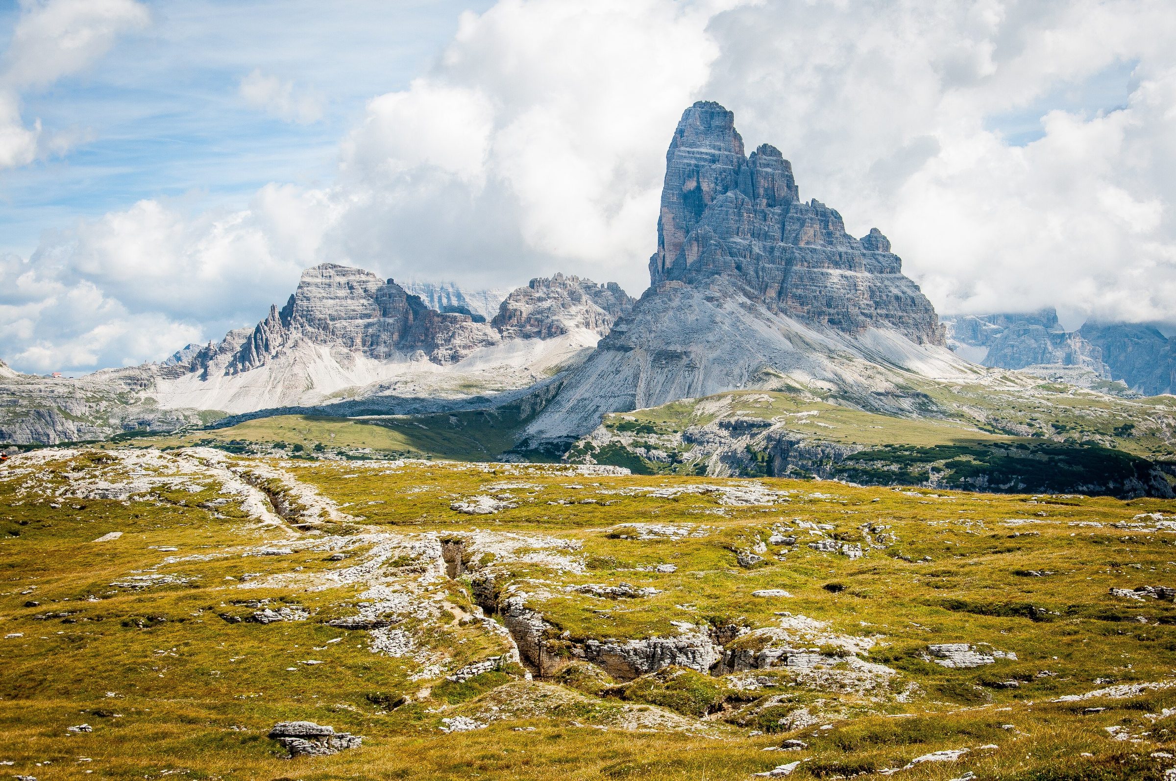 Die Drei Zinnen in den italienischen Dolomiten über einer Almwiese
